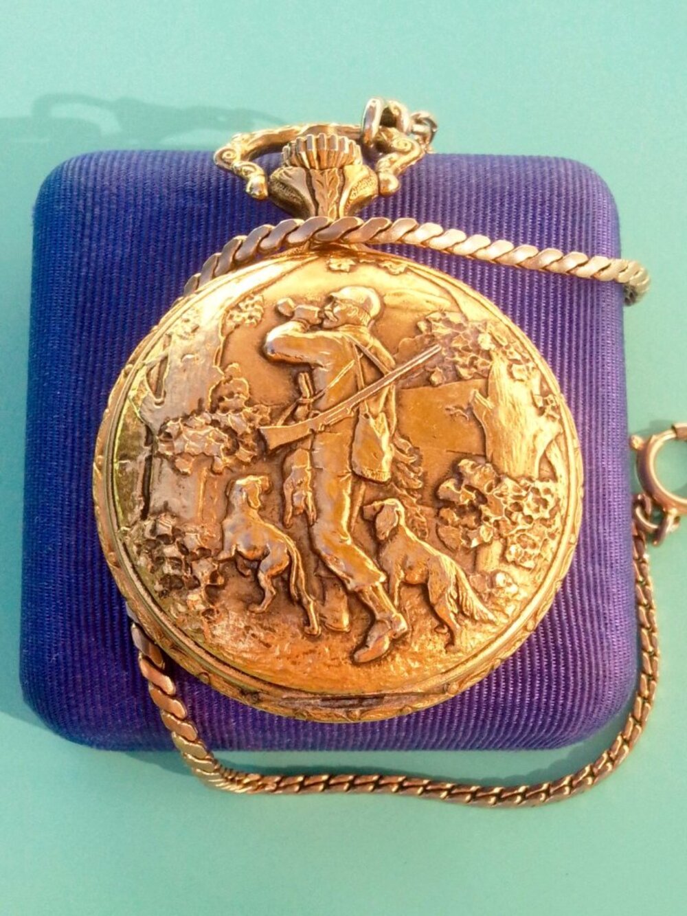 Vintage Nelson 17 Jewels Pocket Watch Wind Up with Chain Hunting Scene Gold Tone